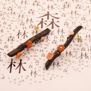 Coral and gold earrings ”HANAMI” 57mm – red and pink coral earrings- ebony- yellow gold- Mediterranean coral  – romantic earrings