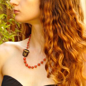 Red coral necklace ”BARRELS” – coral and ebony choker- coral and gold necklace