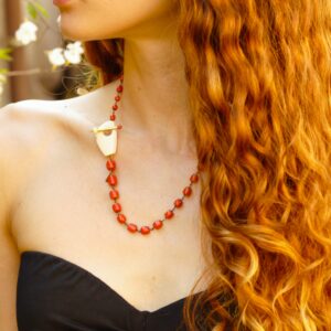 Red coral necklace ”BARRELS” – coral and fossil ivory choker- coral and gold necklace