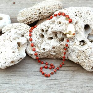 Red coral necklace ”BARRELS” – coral and fossil ivory choker- coral and gold necklace