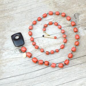 Red coral necklace ”BARRELS” – coral and ebony choker- coral and gold necklace