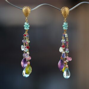 Gold earrings ”TUTTI FRUTTI” fresh colors- #2 – Precious and golden stones earrings – Preziosi bunch-bunch cascading earrings